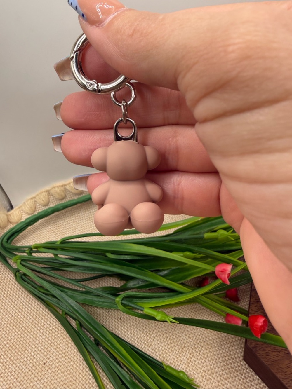 Beige Silicone Bear Keychain with Silver Hardware